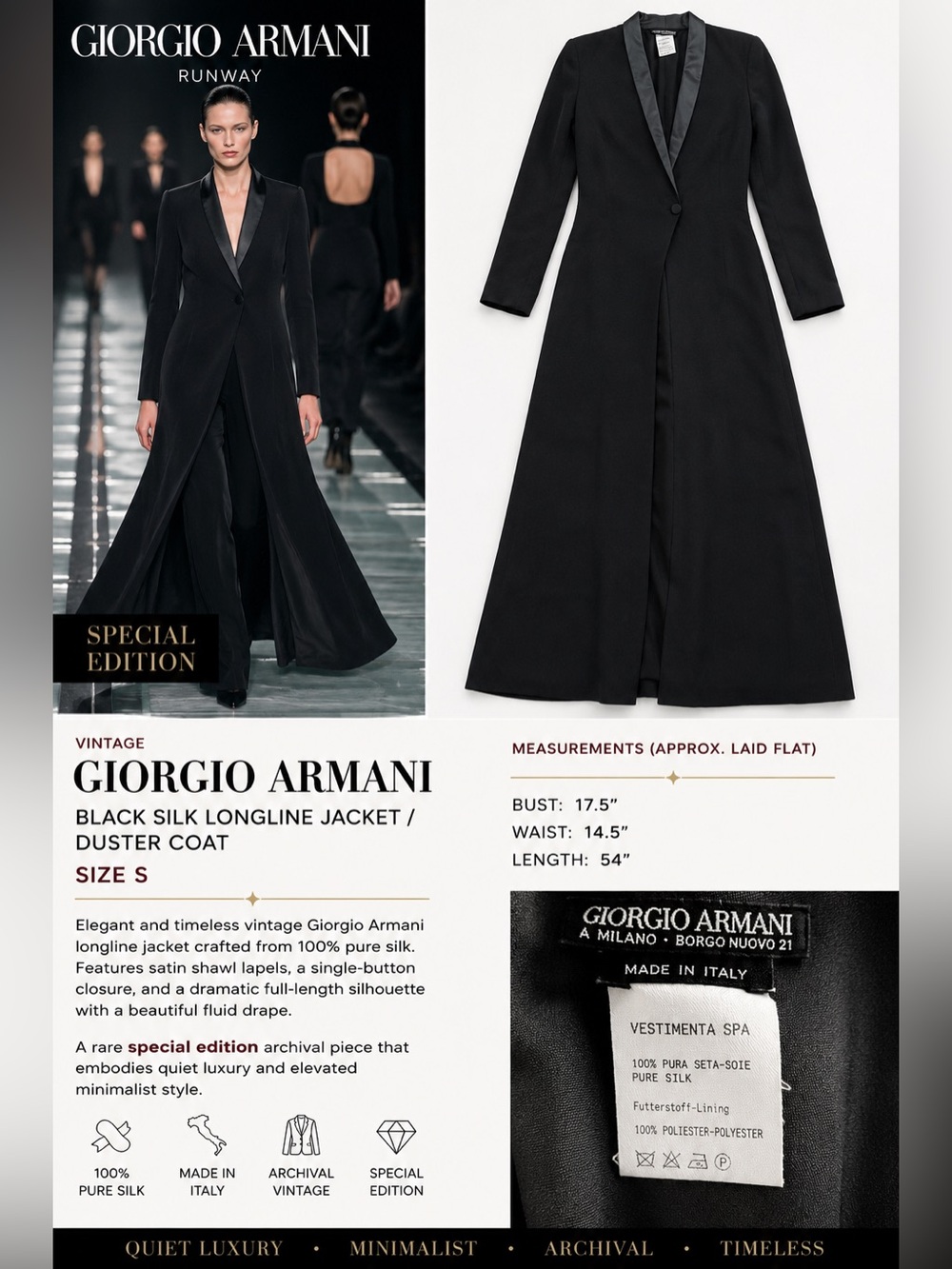 Vintage Giorgio Armani Black dark grey Silk Longline Jacket / Duster Coat ✨Sz S